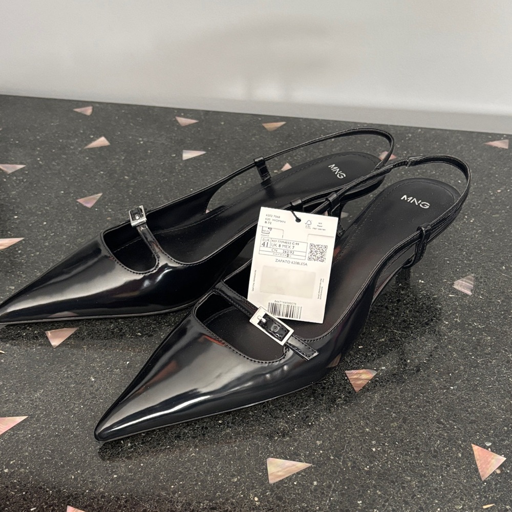 Mango Black Patent Pointed Slingback Kitten Heel
